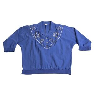 Vintage 80s Regal Windbreaker Top Womens M Blue Star Studded Yoke Western Glam